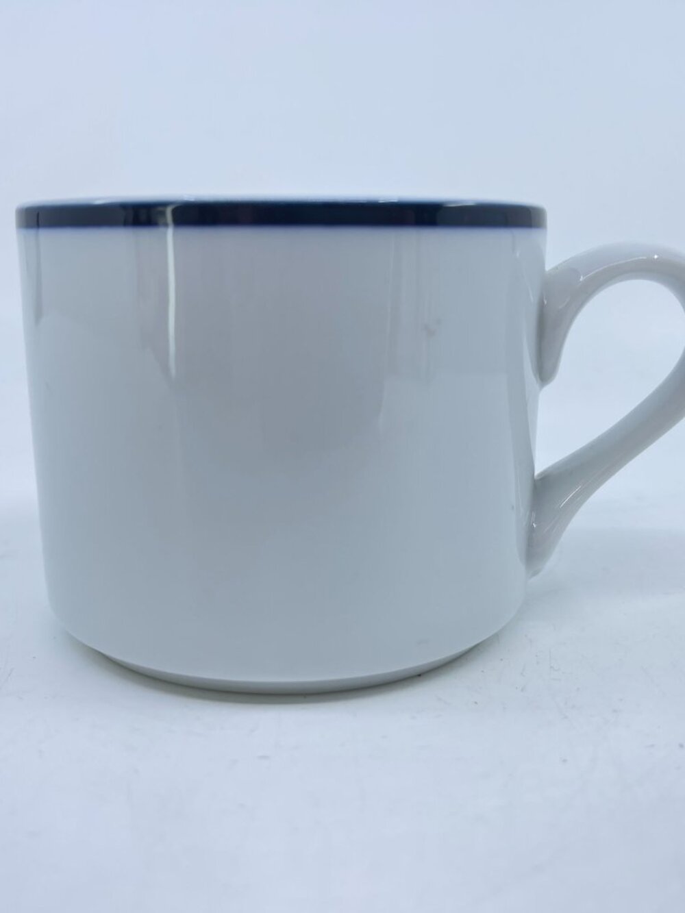 vintage dansk bistro coffee cup white with blue rim made in portugal